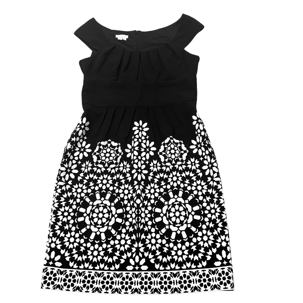 London Times Womens Size 10 Black White Geometric Tile‎ Print Cap Sleeves Dress